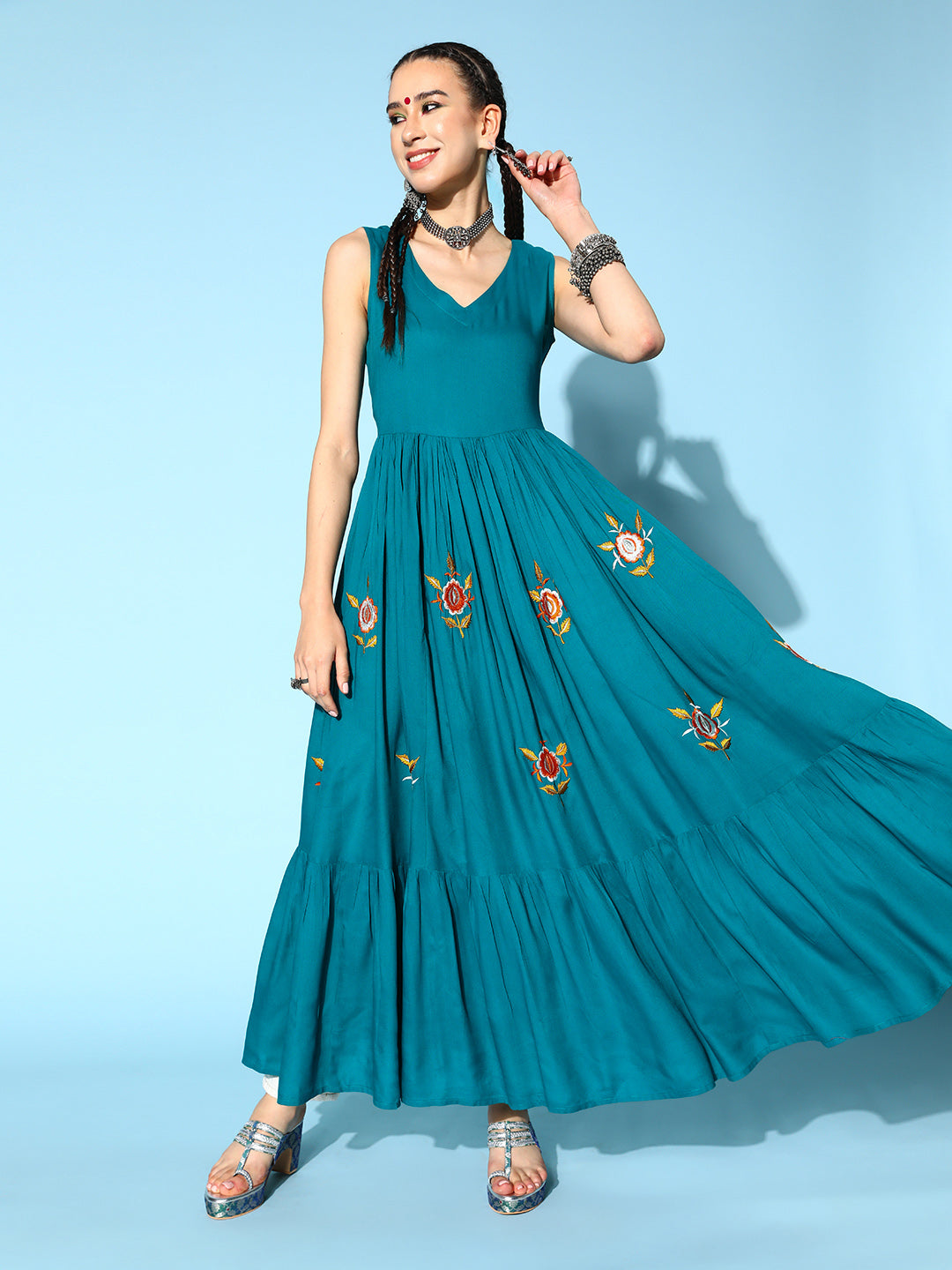 Women's Rayon Solid Tiered Dress (Teal Blue) - Kipek