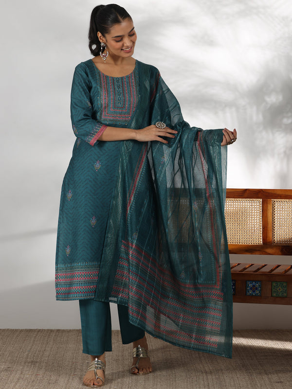 Teal Green Printed Silk Blend Straight Suit With Dupatta