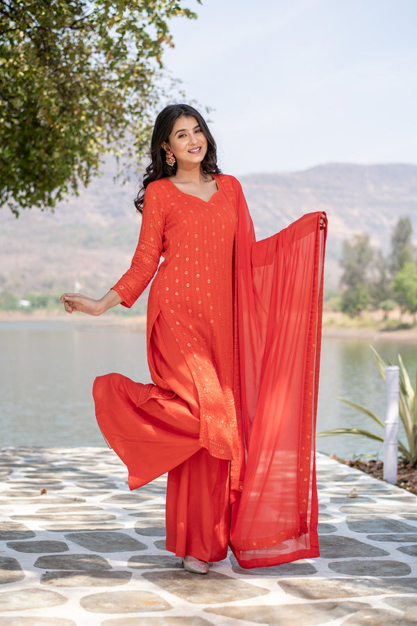 Women's Burnt Orange Heavy Thread Work Long Kurta Set - Label Shaurya Sanadhya