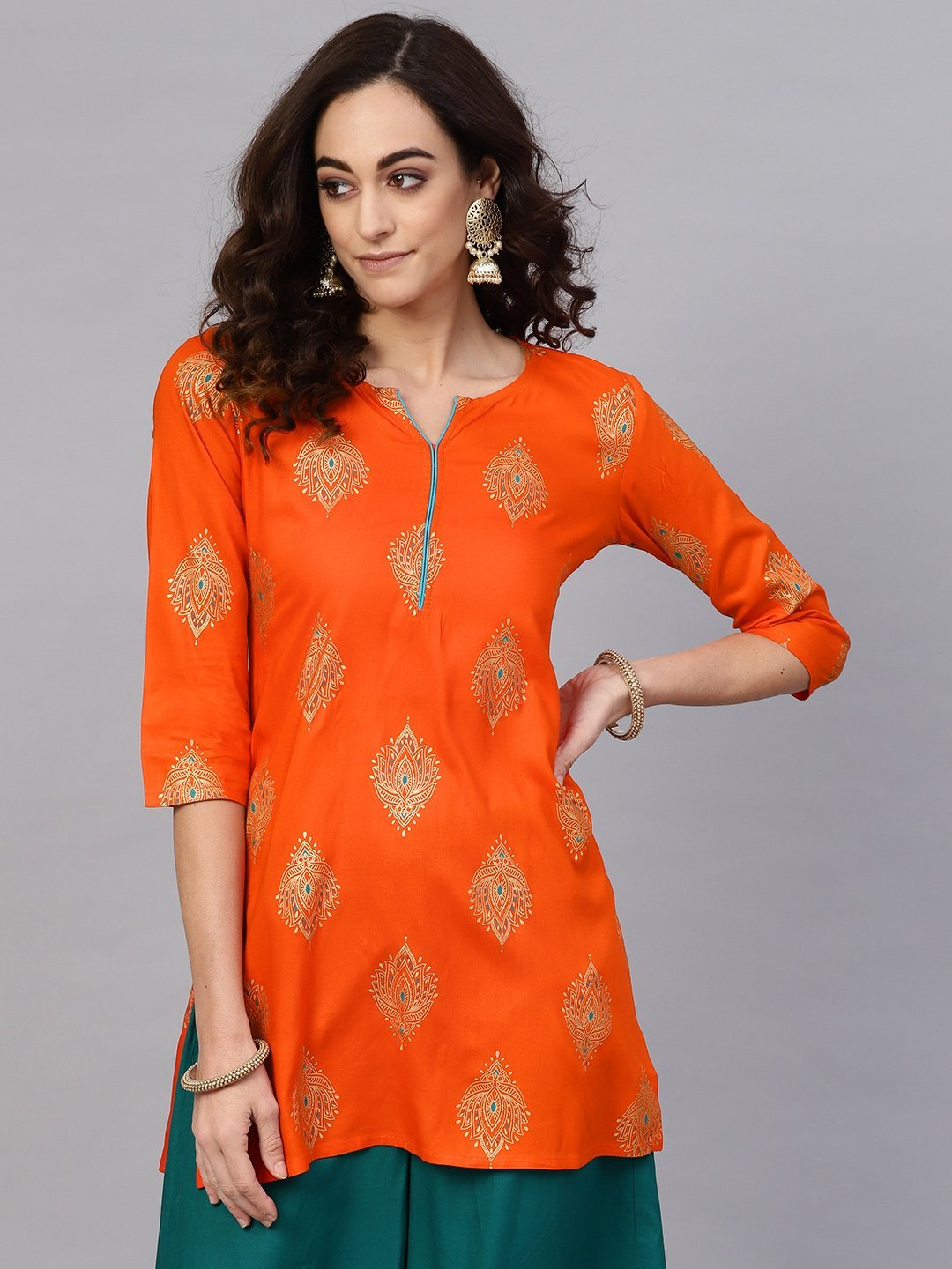 Women's Orange & Golden Printed Straight Kurti - Anubhutee USA