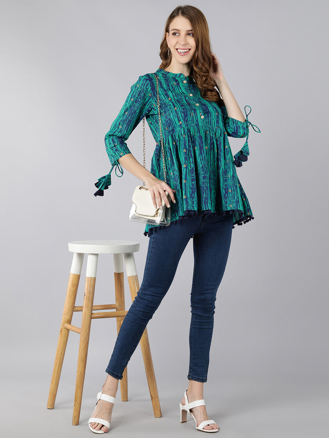 Women's Rayon Printed Peplum Top (Blue) - Kipek