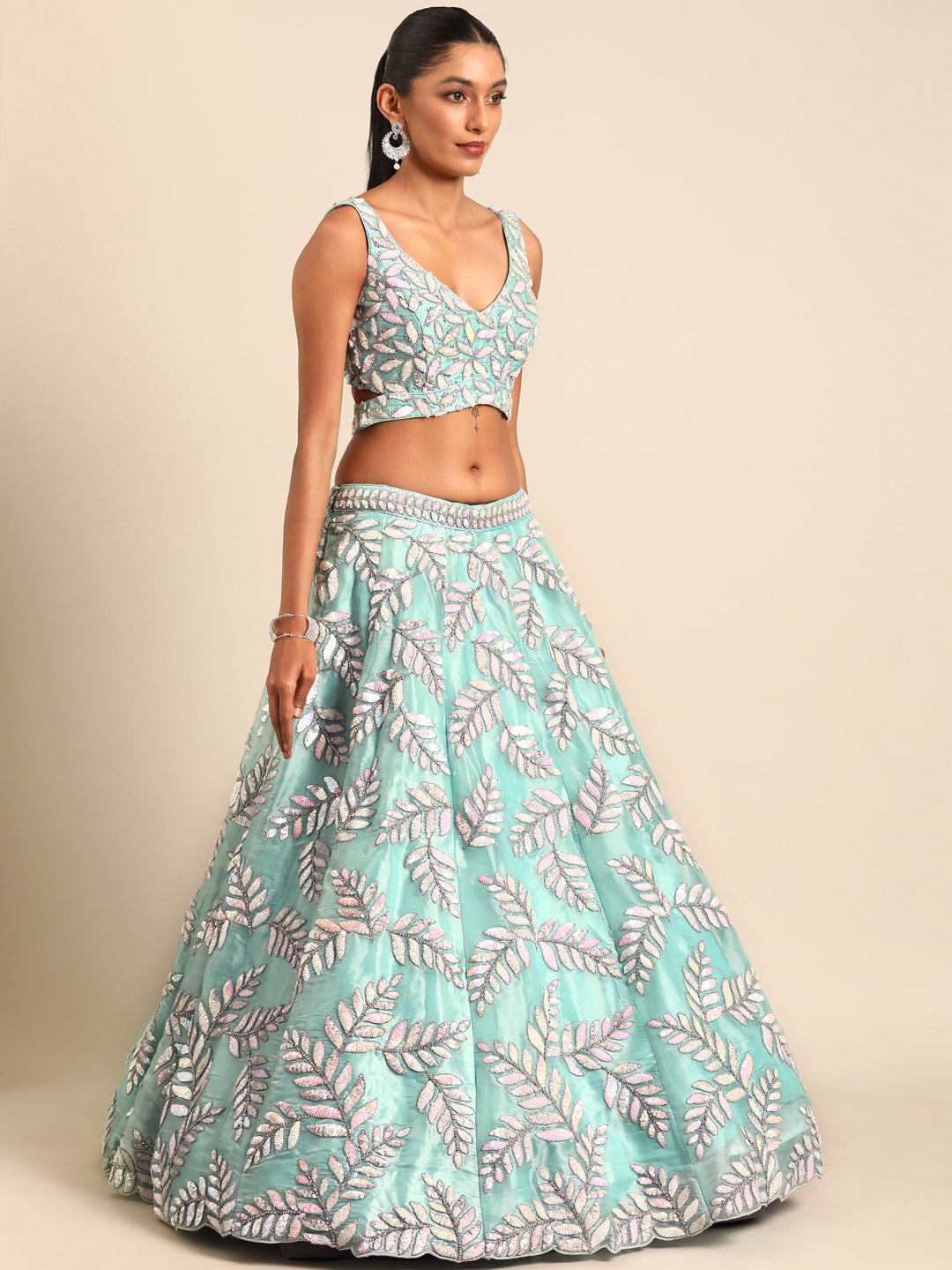 Women's Turquoise Blue Organza Sequins & Zarkan Embroidery  Lehenga Choli & Dupatta - Royal Dwells