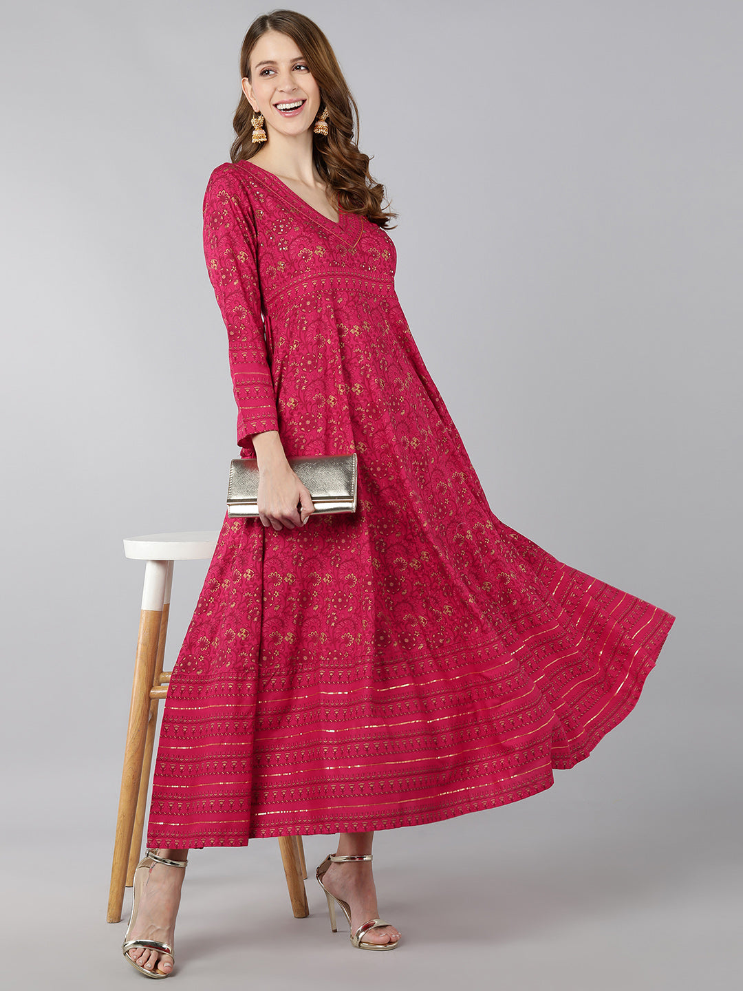 Women's Rayon Gold Print Anarkali Kurta (Pink) - Kipek