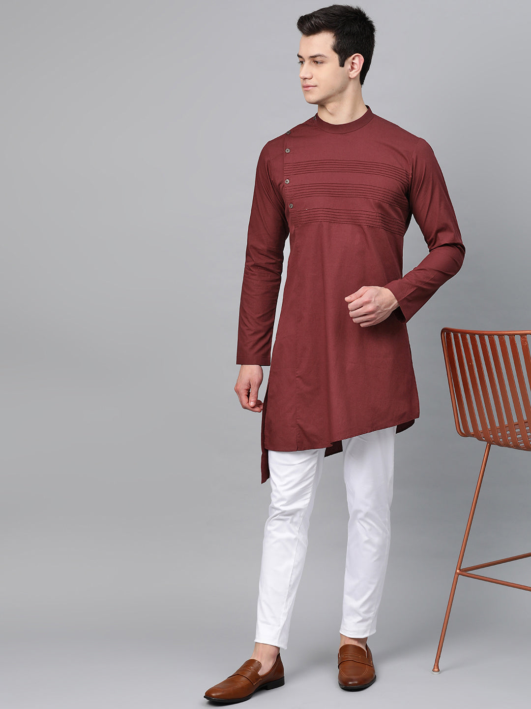 Men's Burgundy Solid Straight Kurta With Yoke Thread Work - See Designs