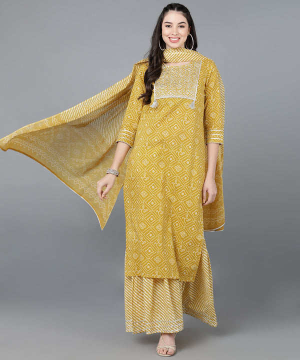 Women's Cotton Lehriya Print Straight Kurta Set (Mustard) - Kipek