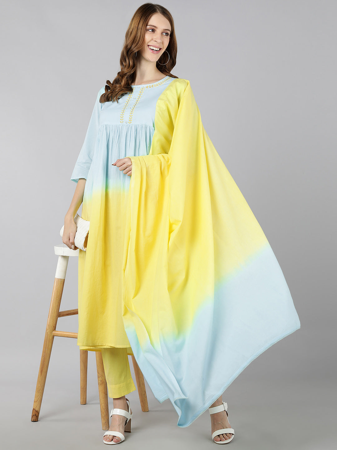 Women's Cotton Tie Die Print Flared Kurta Pant Dupatta (Sky Blue & Yellow) - Kipek