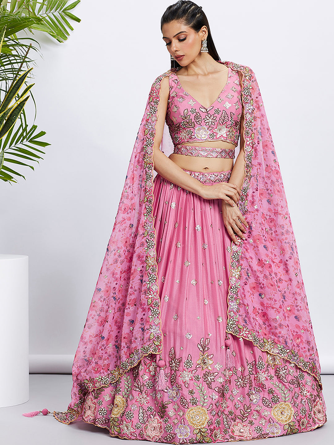 Women's  Pink Chiffon Sequins And Thread Embroidery  Lehenga Choli & Dupatta - Royal Dwells