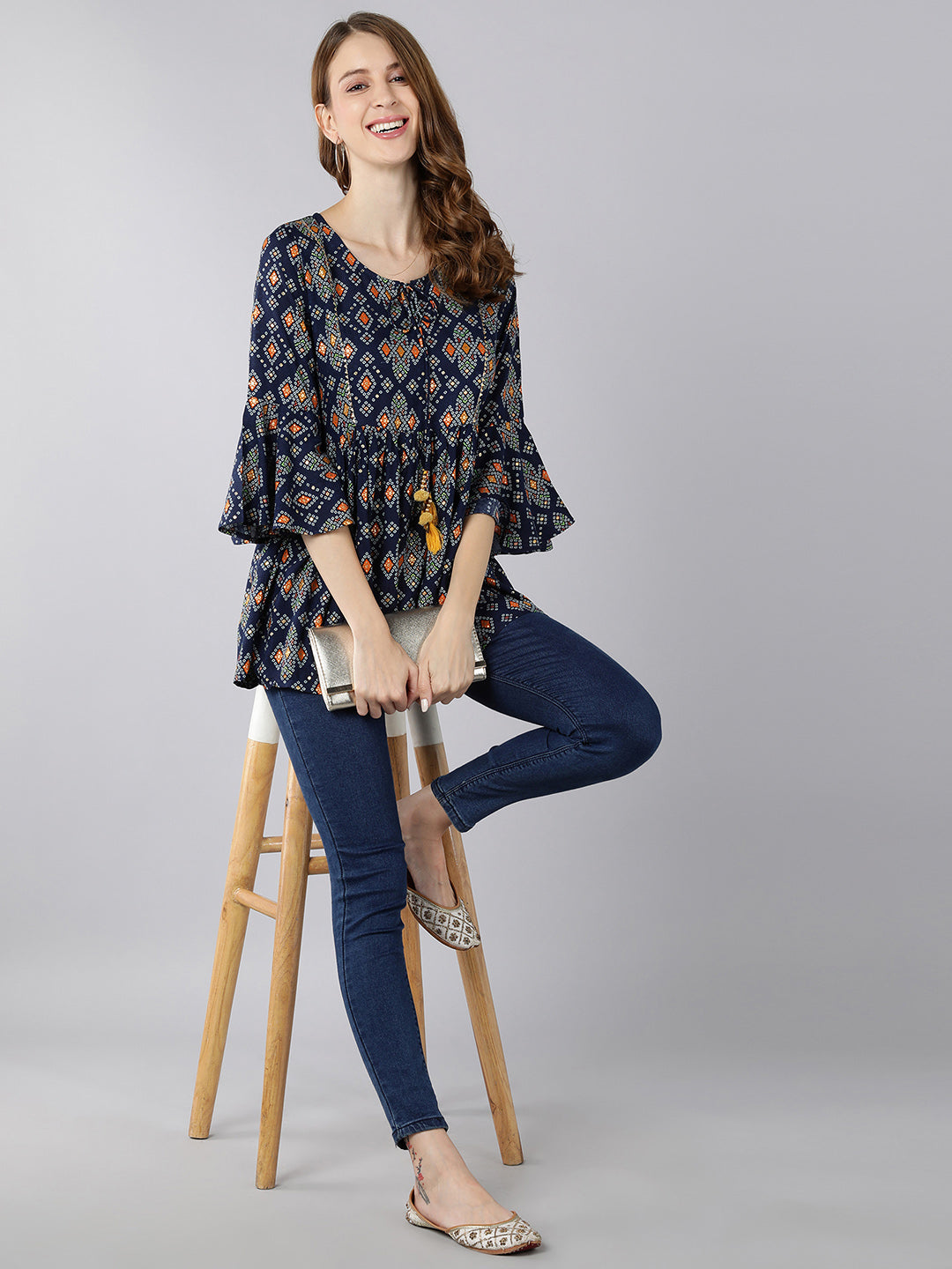 Women's Rayon Printed Peplum Top (Blue) - Kipek