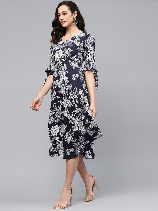 Women Navy Blue Printed Dress by Myshka (1 Pc Set)