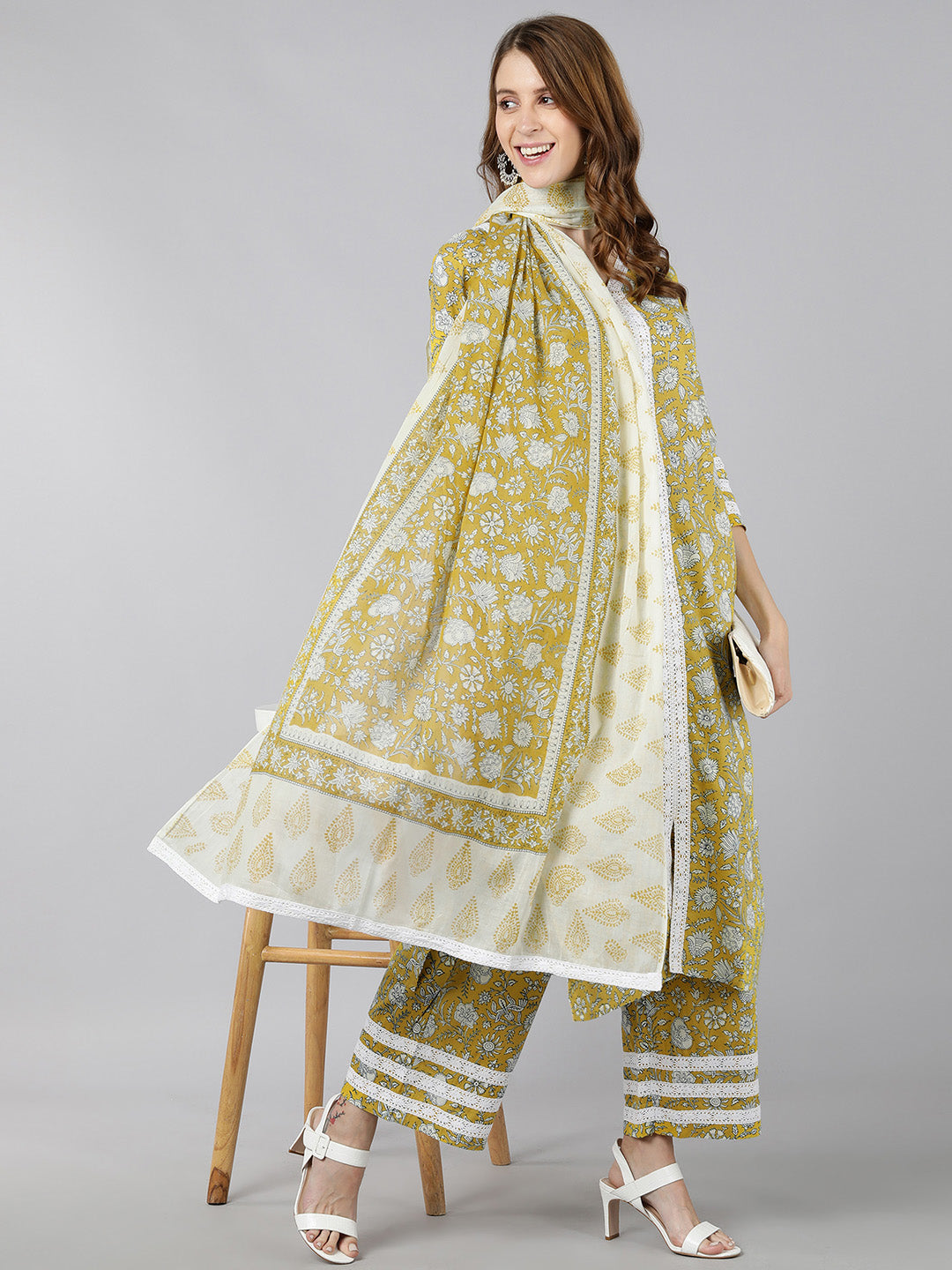 Women's Cotton Printed Straight Ethnic Set (Yellow) - Kipek