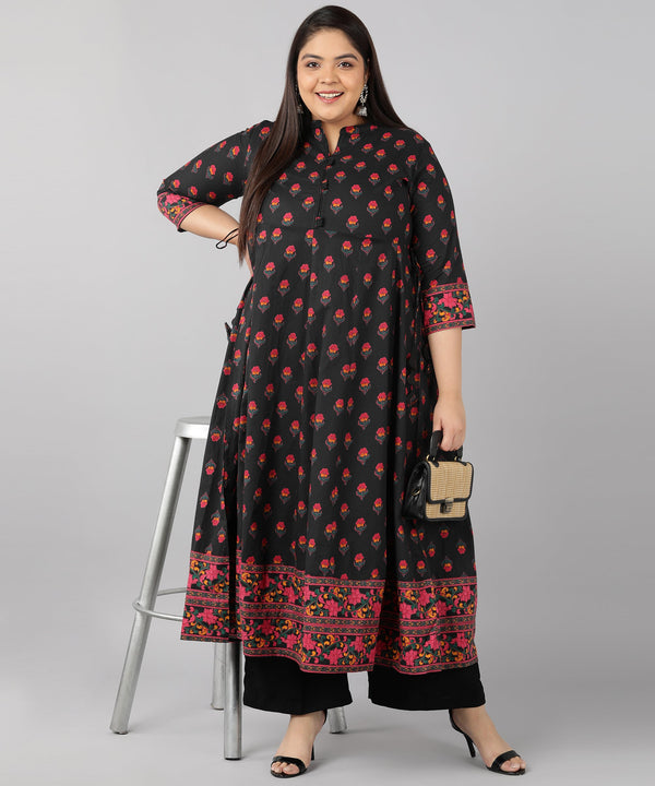 Women's Cotton Block Print Anarkali Kurta (Black) - Kipek