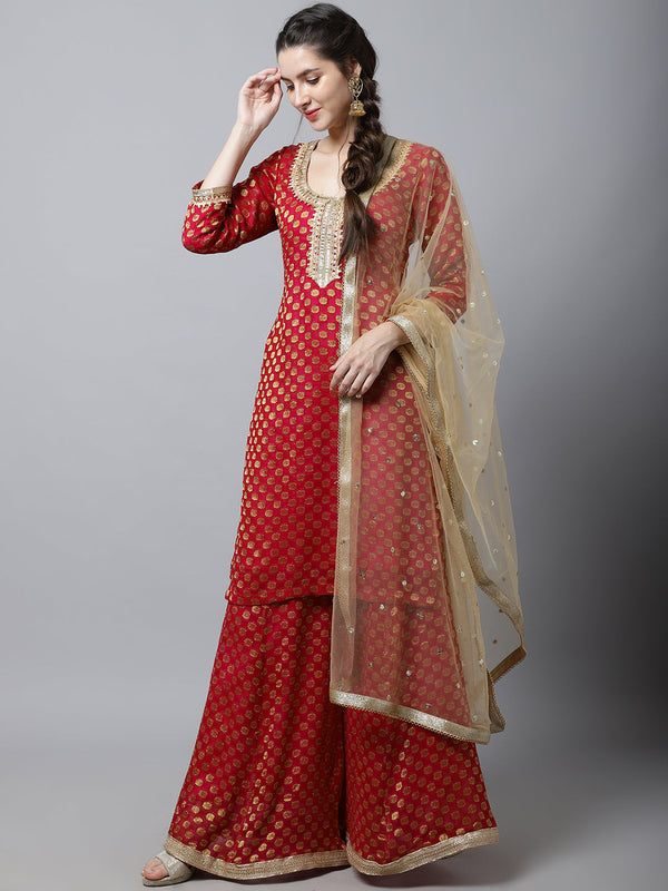 Women's Pink Red Straight Banarasi Kurti With Flared Palazzo And Dupatta - Anokherang