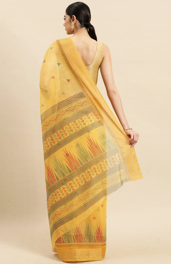 Women's Yellow Cotton Woven Work Traditional Saree - Sangam Prints