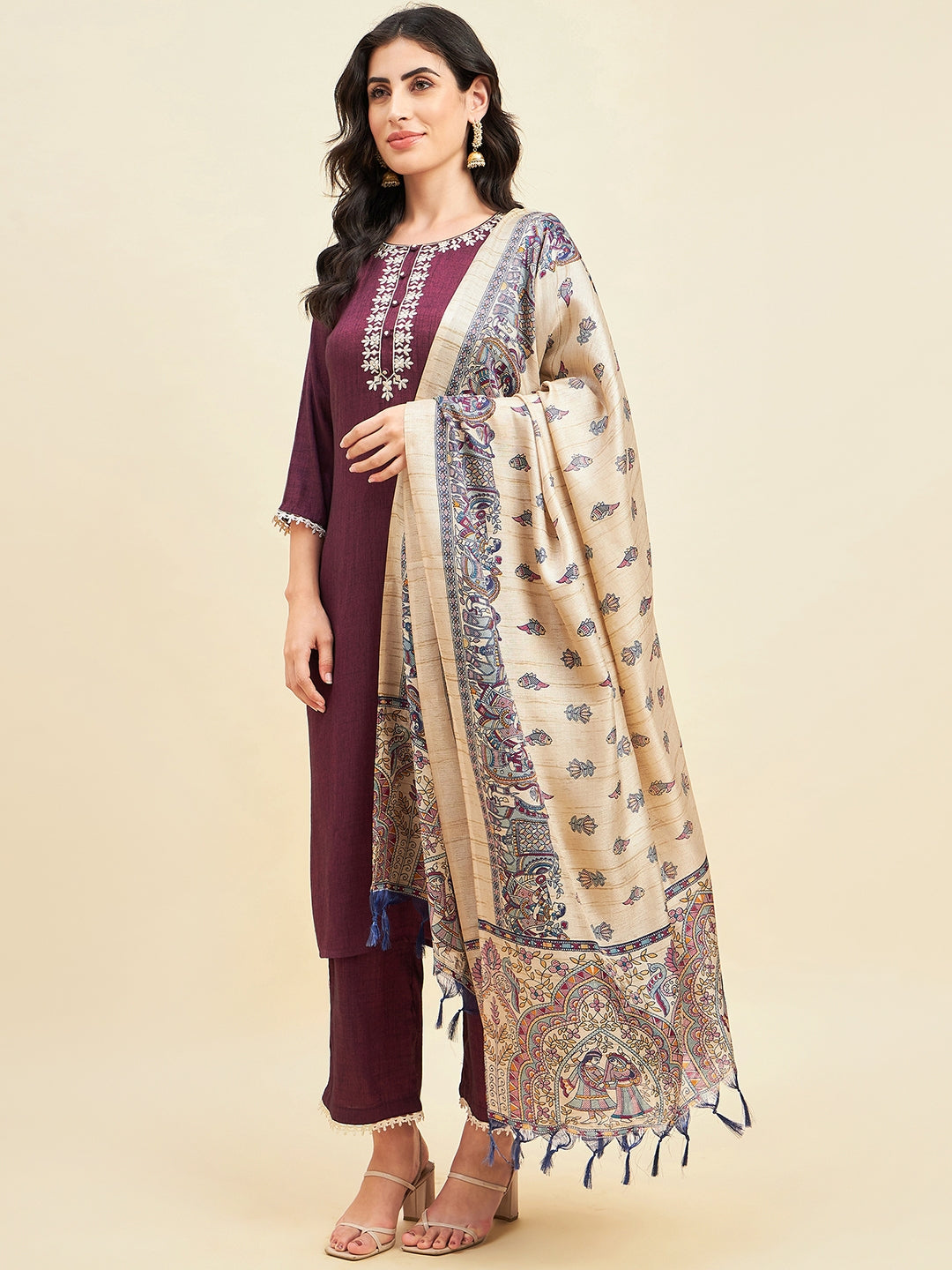 Women's Purple Rayon Straight Calf Length Kurta With Palazzo Dupatta Set - Azira