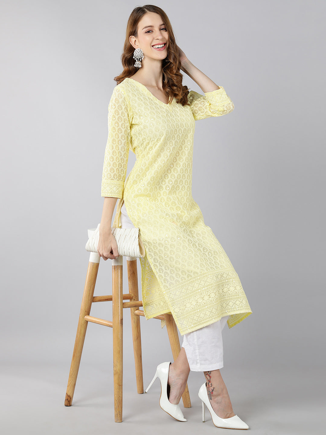 Women's Georgette Solid Straight Kurta (Pale Yellow) - Kipek