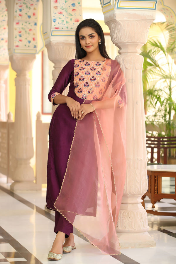 Women's  Berry Wine Pure Chanderi Suit Set - Gillori