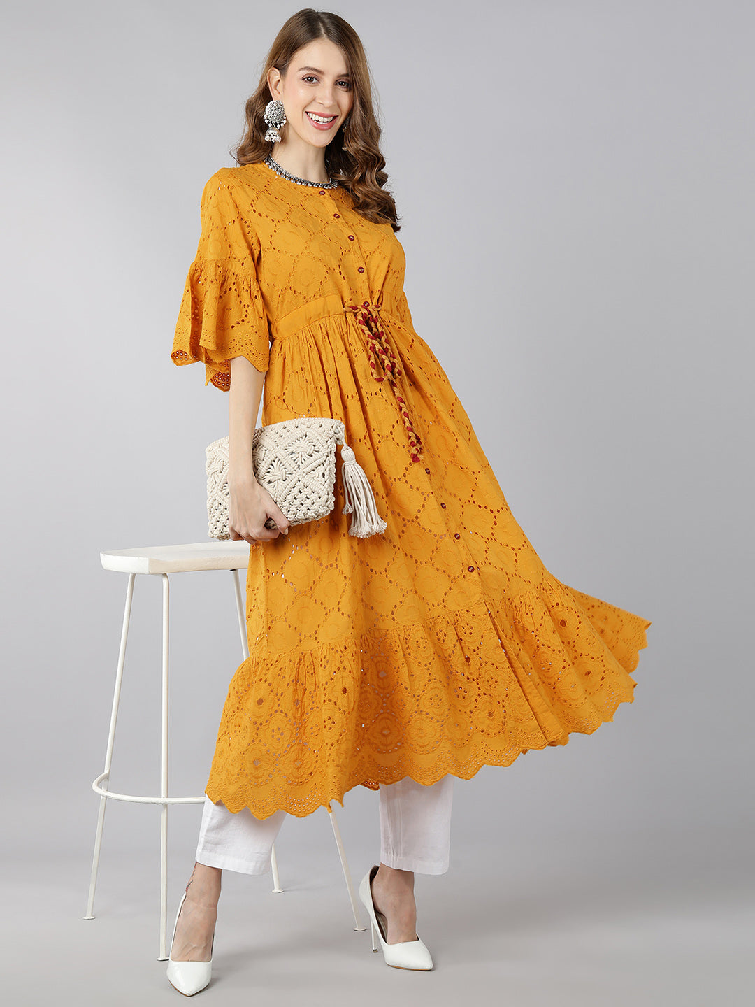 Women's Cotton Sifli Schiffliflared Dress (Mustard) - Kipek