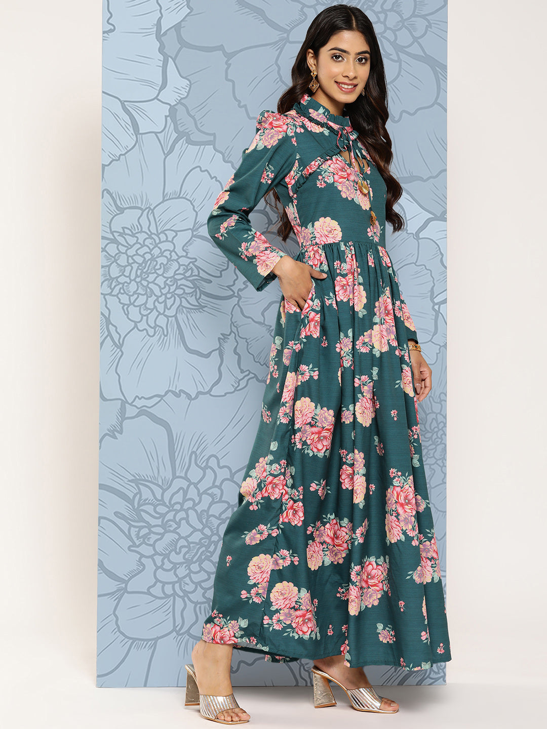 Women's Floral Print Puff Sleeves Tie-Up Neck Crepe Ethnic Gown With Cut-Out Detail - Ahalyaa