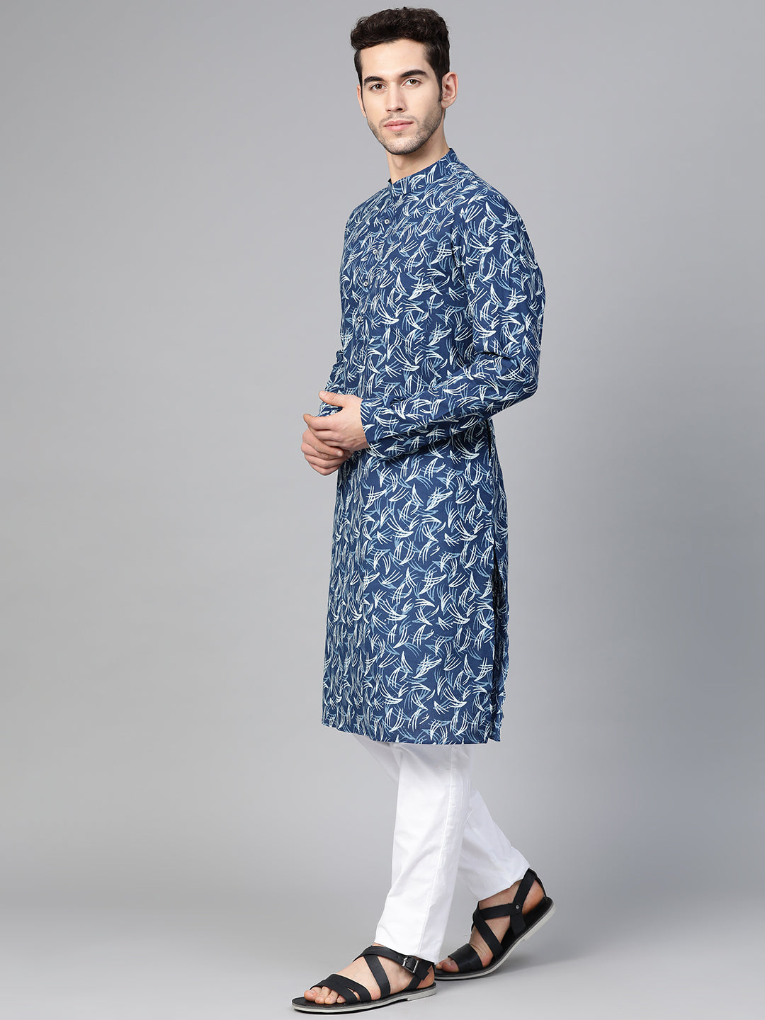 Men's Blue Indigo Hand Block Print Straight Sustainable Kurta With Pyjama - See Designs