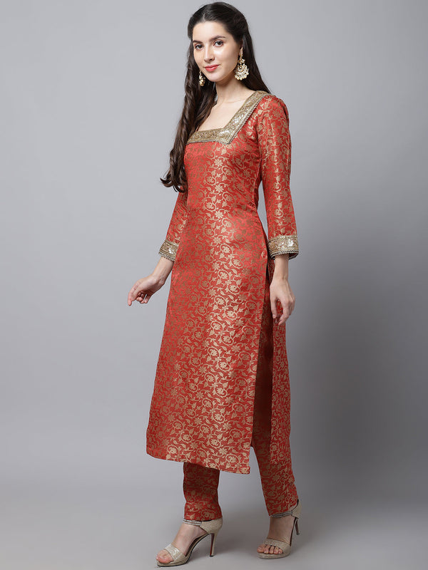 Women's Scarlet Red Brocade Kurti With Straight Pants - Anokherang