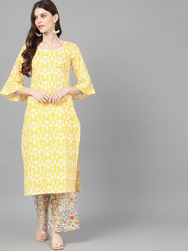 Women's  Yellow & White Printed Kurta with Palazzos - AKS