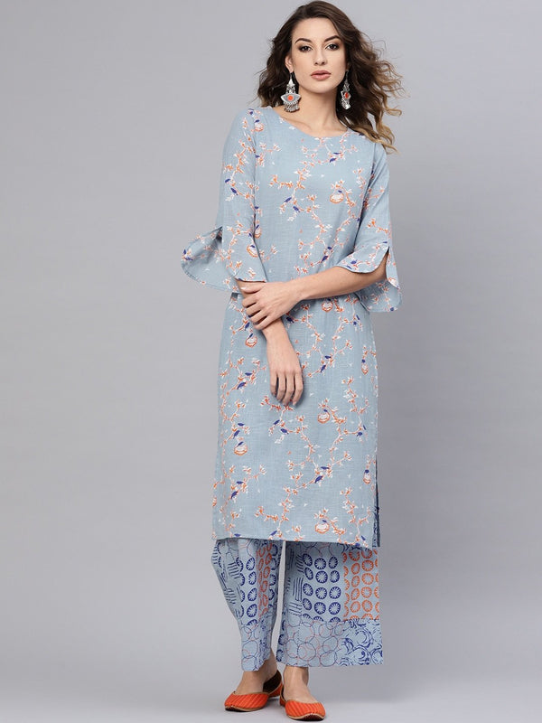 Women's  Blue Printed Kurta with Palazzos - AKS