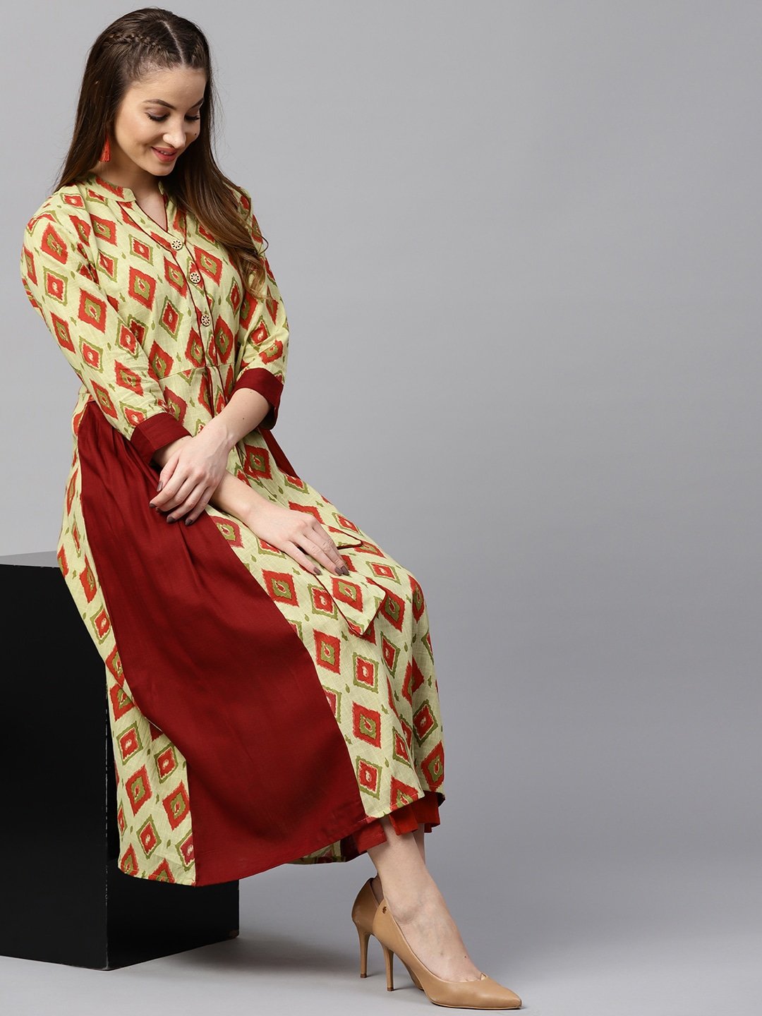 Women's Maroon & Green A-Line Kurta - Yufta