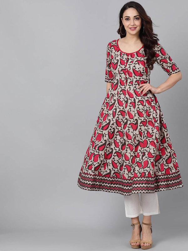 Women's  Brown & Pink Printed Anarkali Kurta - AKS