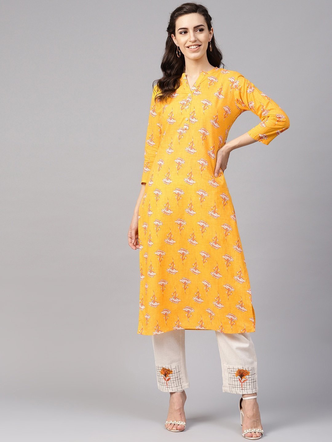 Women's Yellow & Beige Printed Kurta Set - Yufta