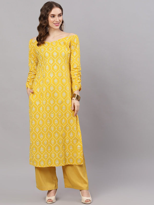 Women's  Yellow Printed Straight Kurta - AKS