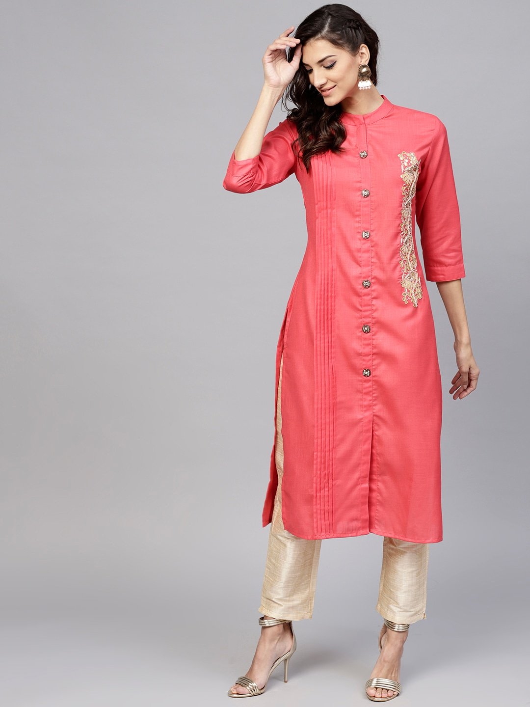 Women's Coral Pink Straight Kurta - Yufta