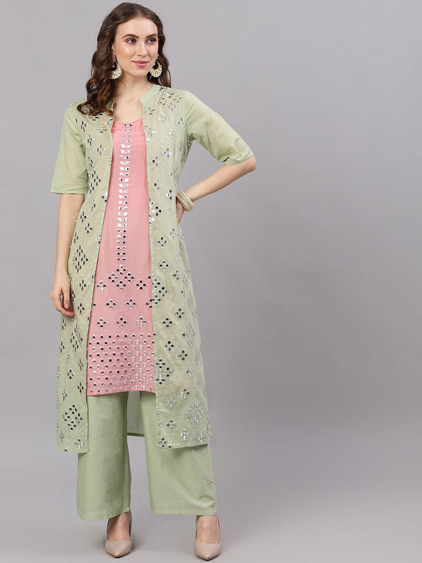 Women's  Green & Pink Mirror Work Kurta with Palazzos & Ethnic Shrug - AKS