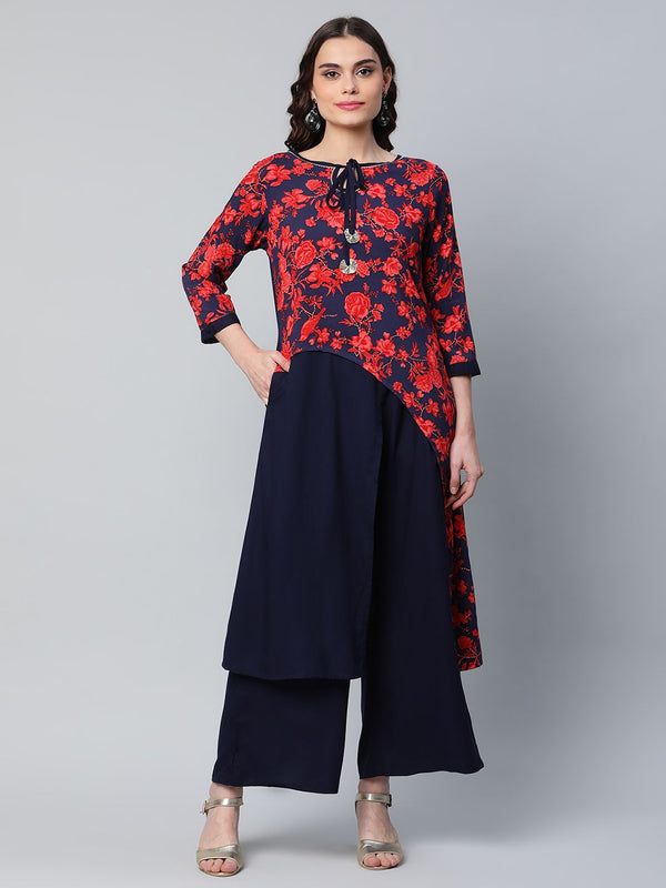 Navy Blue Rayon Wax Printed Kurta Palazzo Set