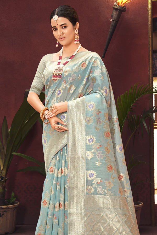 Women's Sky Blue Silk Woven Zari Work Traditional Tassle Saree - Sangam Prints