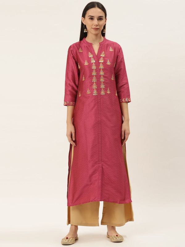 Women's Coral Pink Embroidered Straight Kurta - Varanga