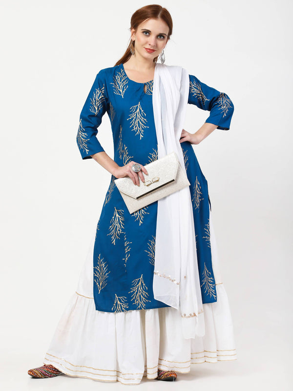 Women's Blue & White Viscose Rayon Kurta With Skirt & Embroidered Dupatta Set - Cheera