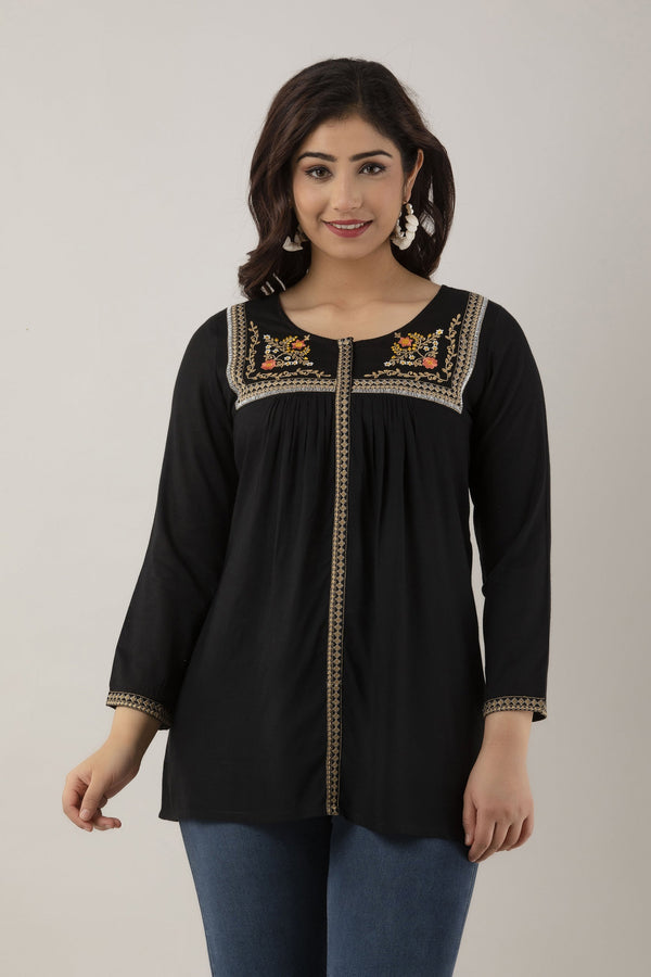 Women's Embroidered Viscose Rayon Regular Top (Black) - Charu