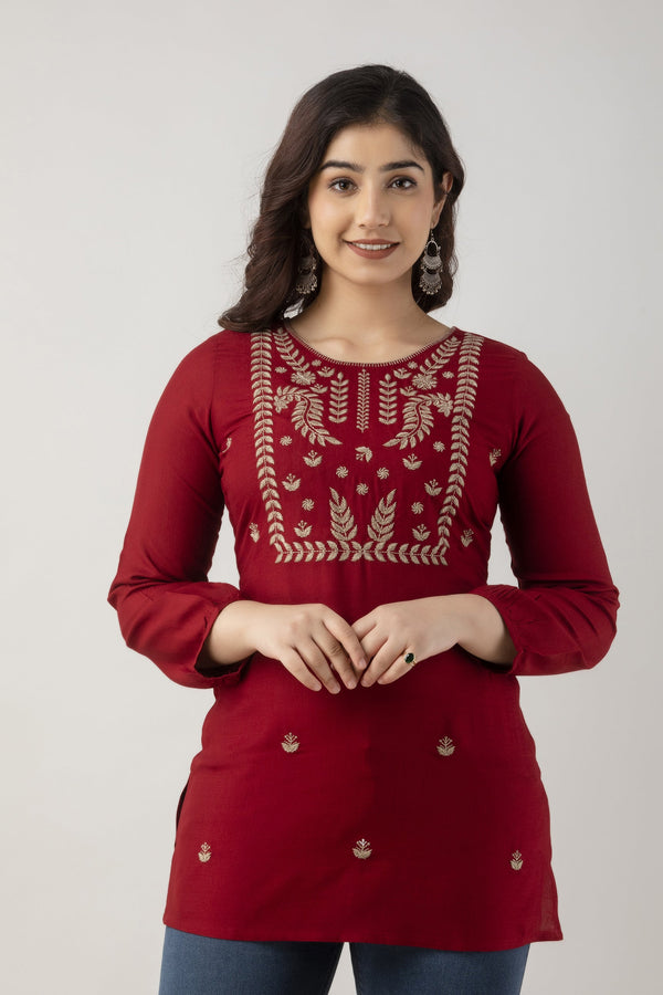 Women's Embroidered Viscose Rayon Regular Top (Maroon) - Charu