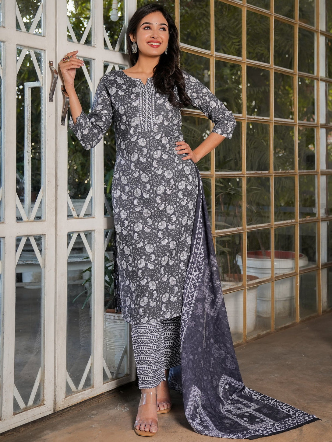 Women's Floral Print Straight Rayon Grey Stitched Kurta Pant With Dupatta - Vbuyz