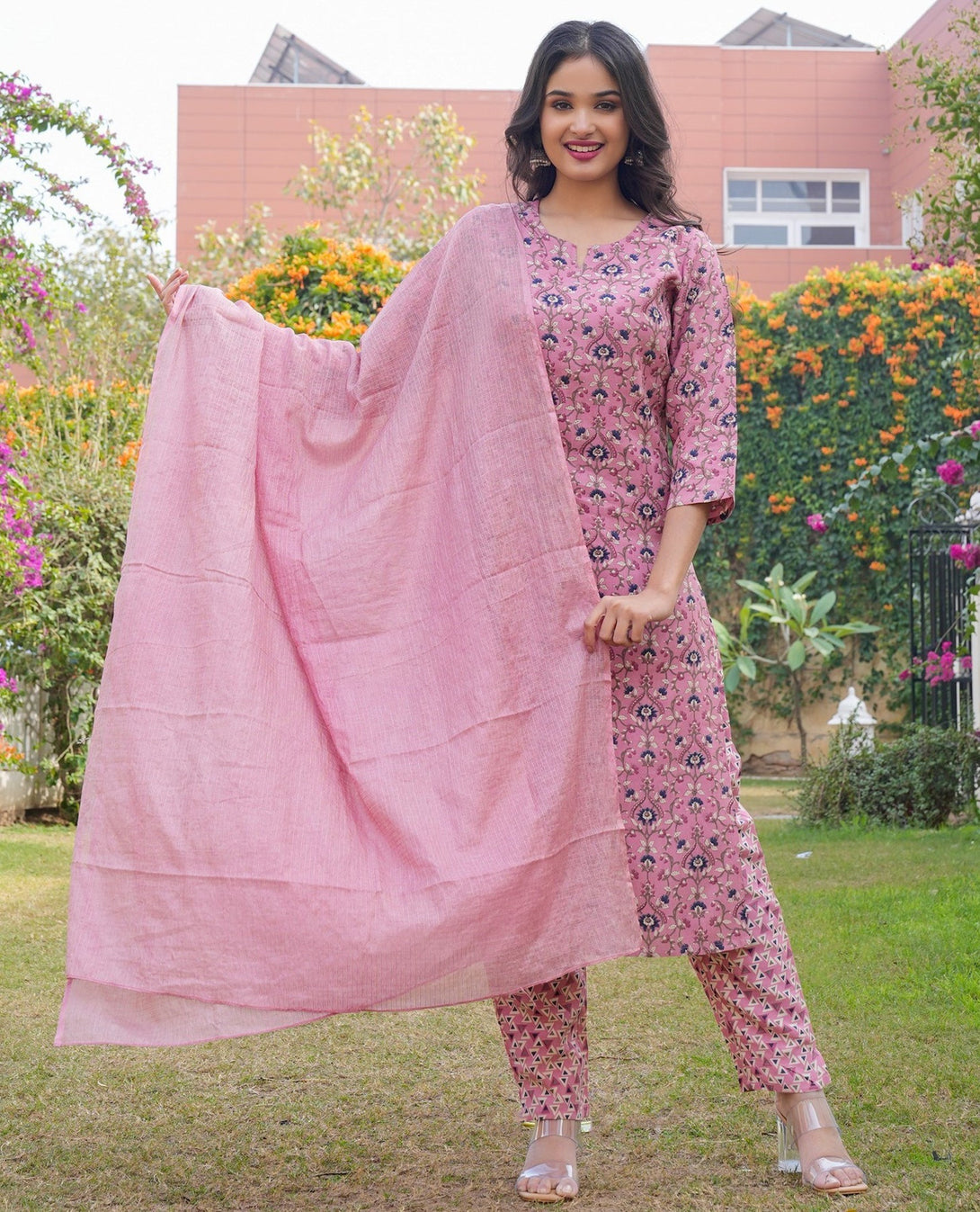 Women's Floral Print Straight Rayon Flamingo Stitched Kurta Pant With Dupatta - Vbuyz