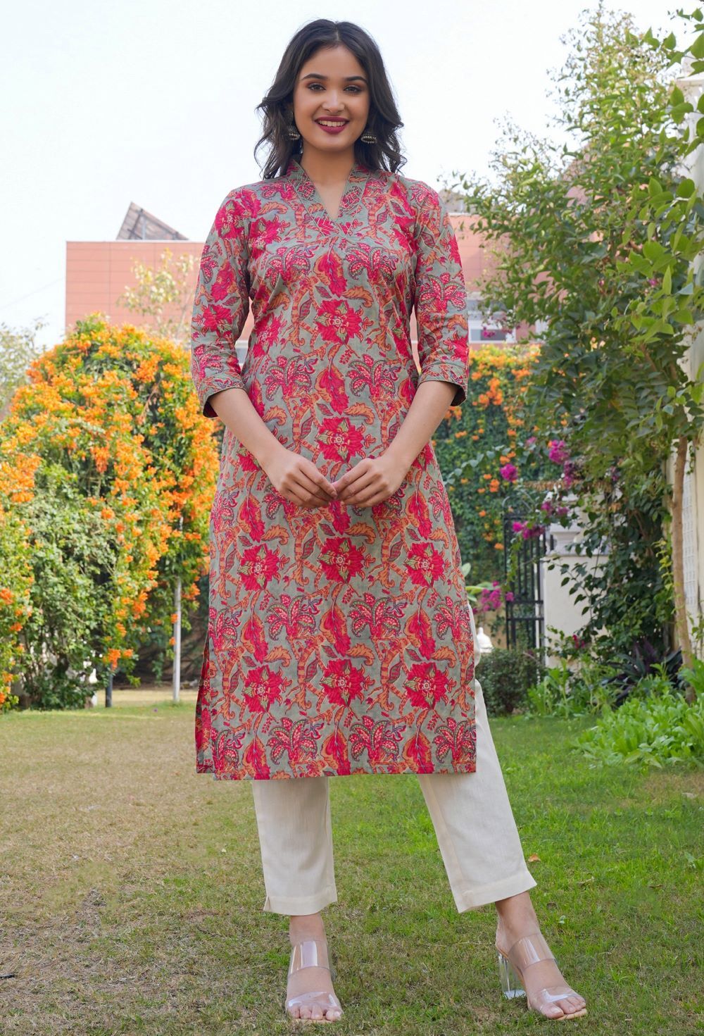 Women's Floral Print Straight Cotton Pink And Teal Green Stitched Kurta - Vbuyz