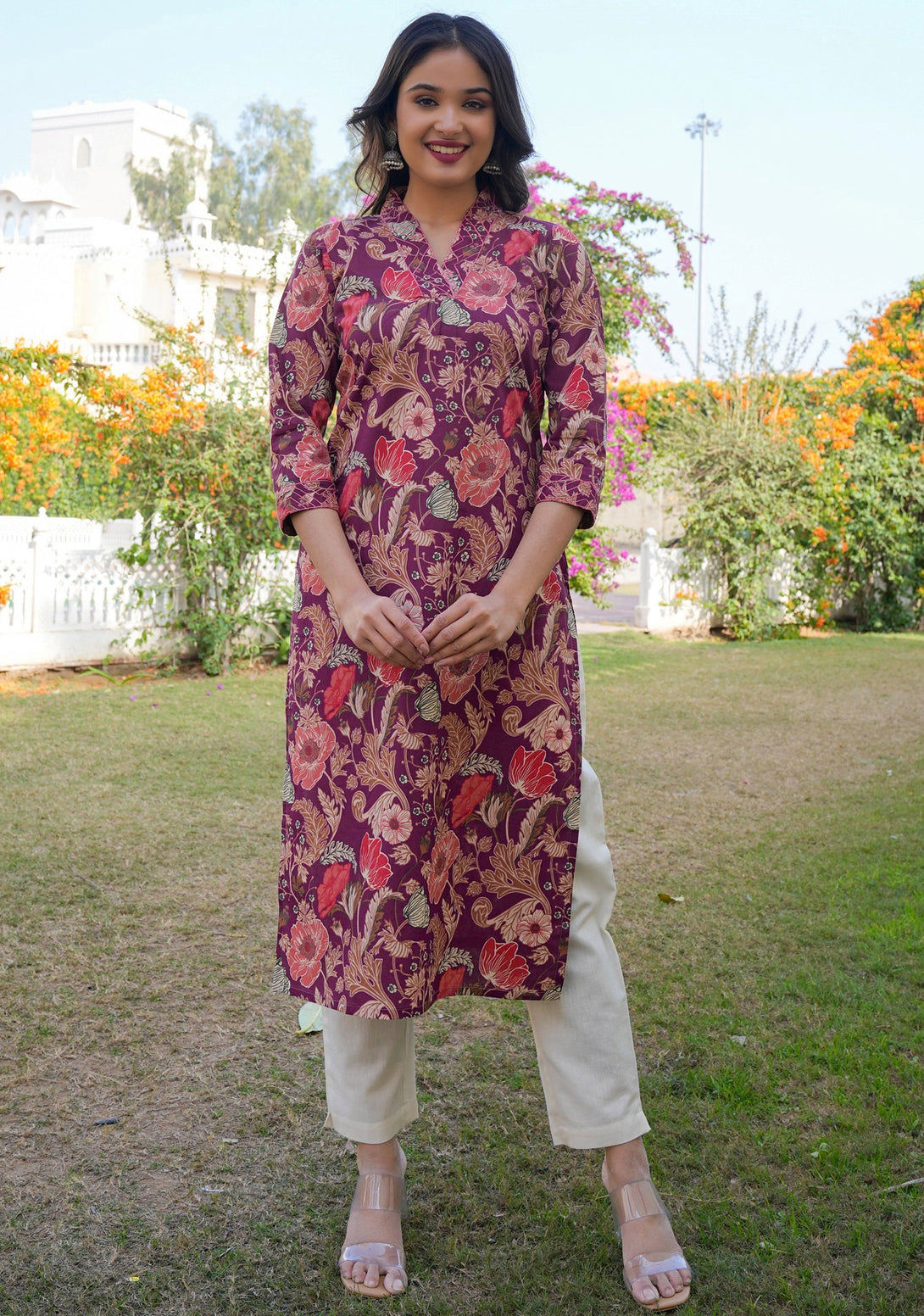 Women's Floral Print Straight Cotton Purple Stitched Kurta - Vbuyz