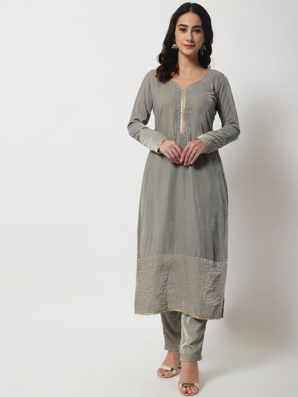 Women's Elegant Grey Velvet Straight Kurti With Straight Pants - Anokherang