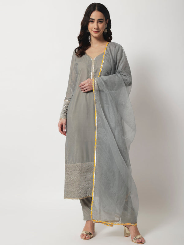 Women's Elegant Grey Straight Kurti With Straight Pants And Organza Dupatta - Anokherang