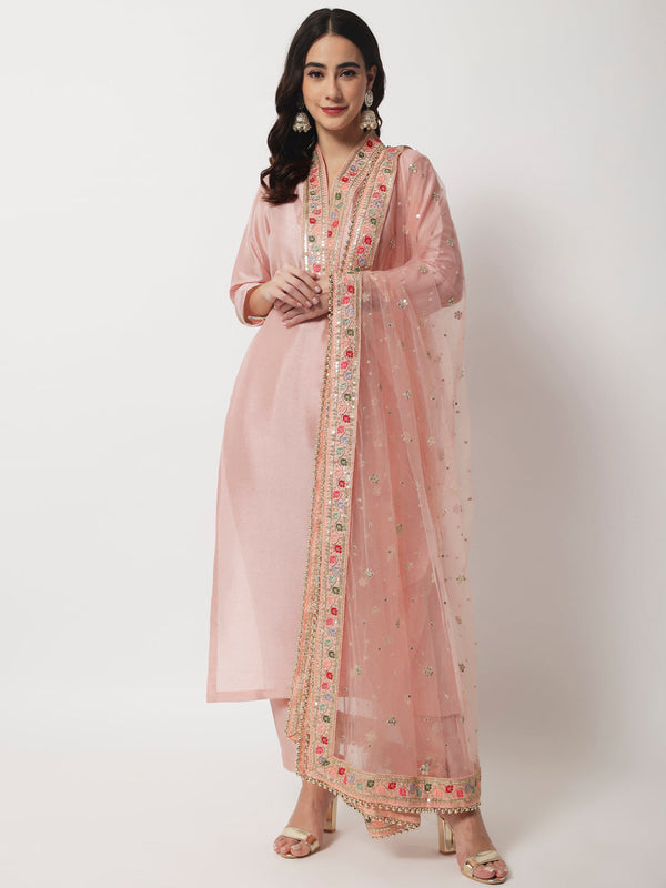 Women's Bridal Queen Peach Silk Kurti With Straight Pants And Bridal Dupatta - Anokherang