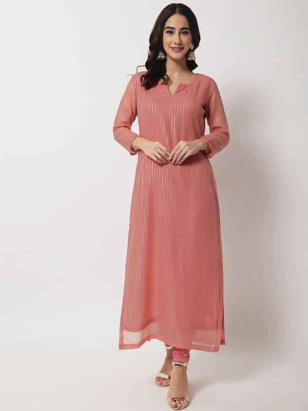 Women's Pink Glam Foil Lines Straight Kurti With Chudidar - Anokherang