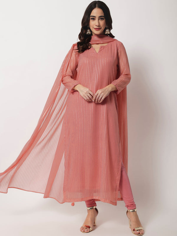 Women's Pink Glam Foil Lines Straight Kurti With Chudidar And Foil Dupatta - Anokherang