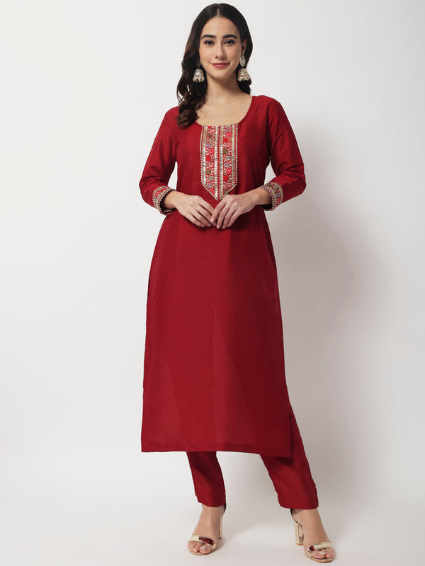 Women's Bridal Queen Maroon Silk Kurti With Straight Pants - Anokherang