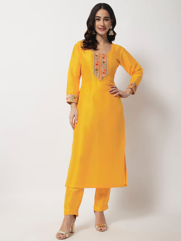 Women's Bridal Queen Mustard Silk Kurti With Straight Pants - Anokherang