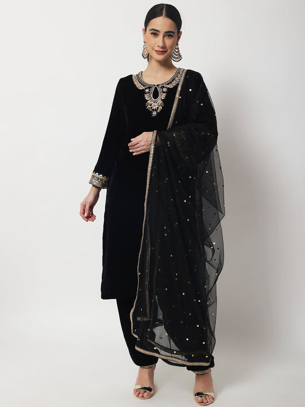 Women's Black Jewel Embroidered Velvet Kurti With Salwar And Net Dupatta - Anokherang